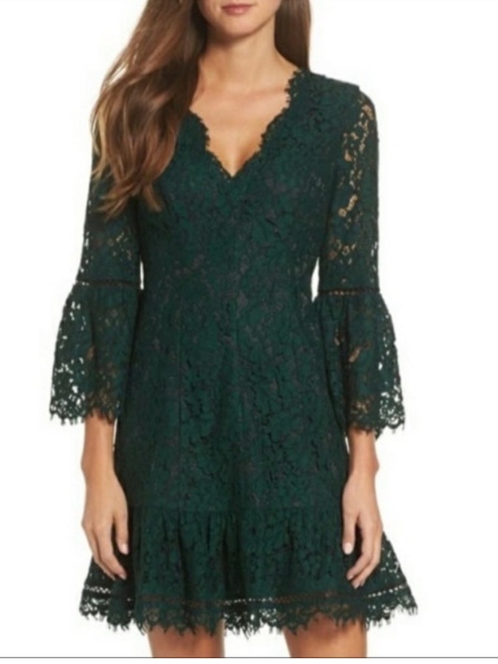 Eliza J Lace Bell Sleeve Fit & Flare Mini Dress Emerald Green Sz10